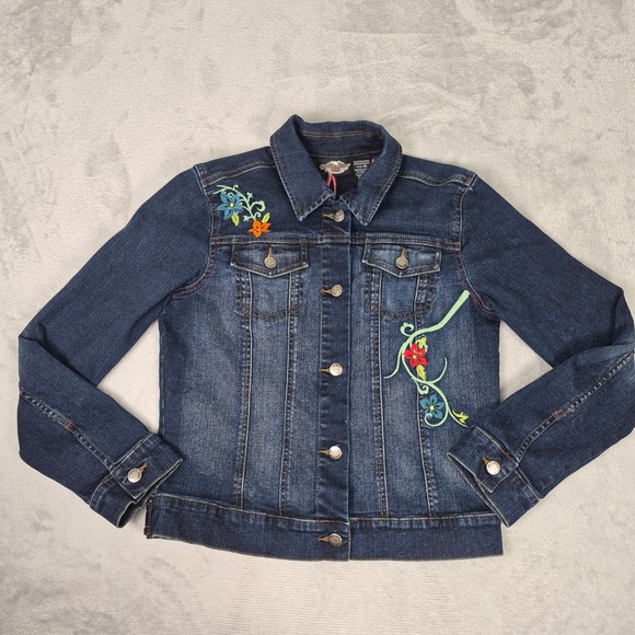 Harley Davidson Womens M Denim Jacket Embroidered Eagle Floral Biker Motorcycle - Picture 8 of 9